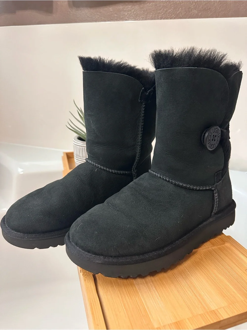 UGG Black Suede Shearling Button Winter Boots - Women's